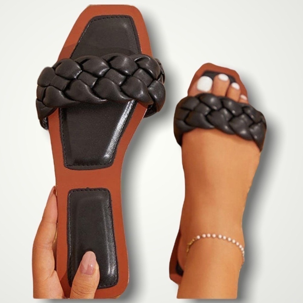 ZBY Black Faux Leather Square Open Toe Braided Flat Slide Sandals 6.5 NI…Goth